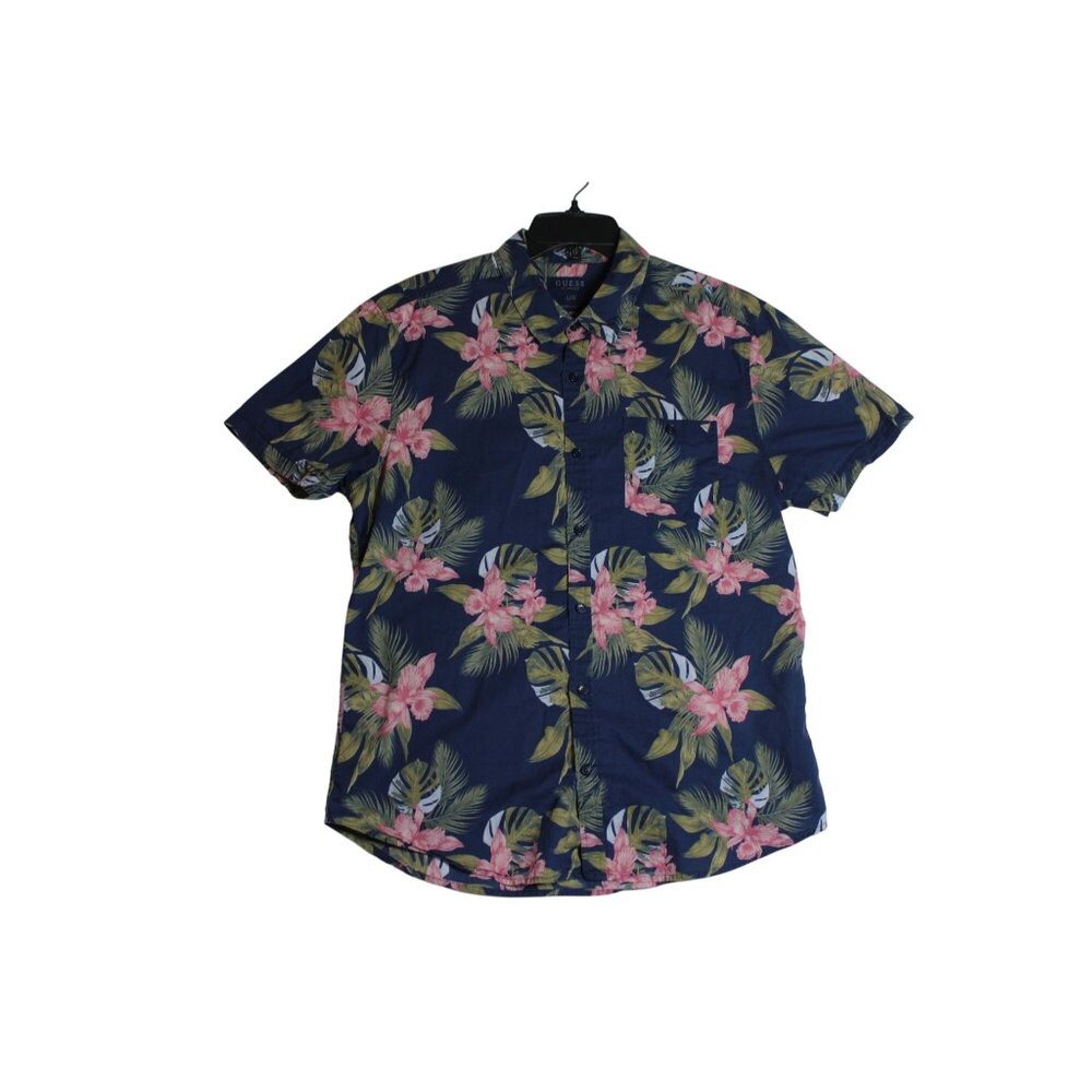 Guess Short Sleeve Blue Floral Button Down Shirt Mens‎ Large
